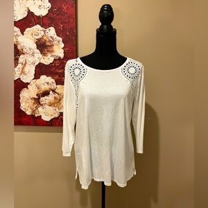 JJill White Eyelet Trim Tie Back Cotton Blouse, size M